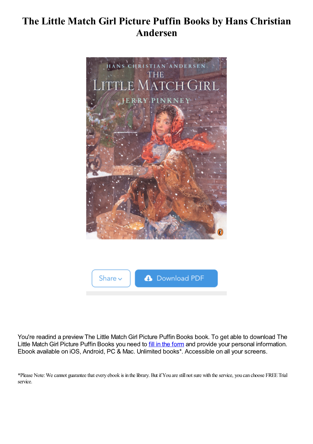 The Little Match Girl Picture Puffin Books by Hans Christian Andersen
