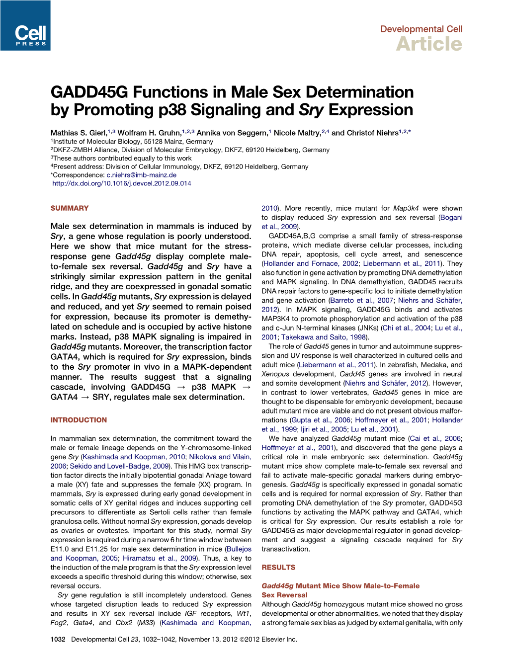 GADD45G Functions in Male Sex Determination by Promoting P38 Signaling and Sry Expression