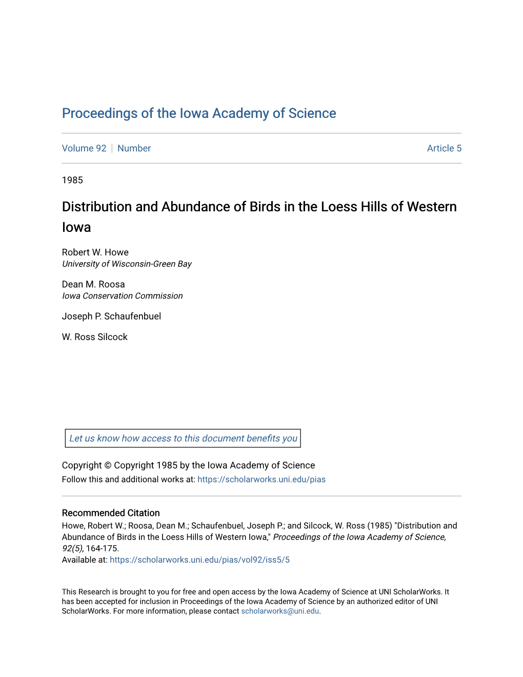 Distribution and Abundance of Birds in the Loess Hills of Western Iowa