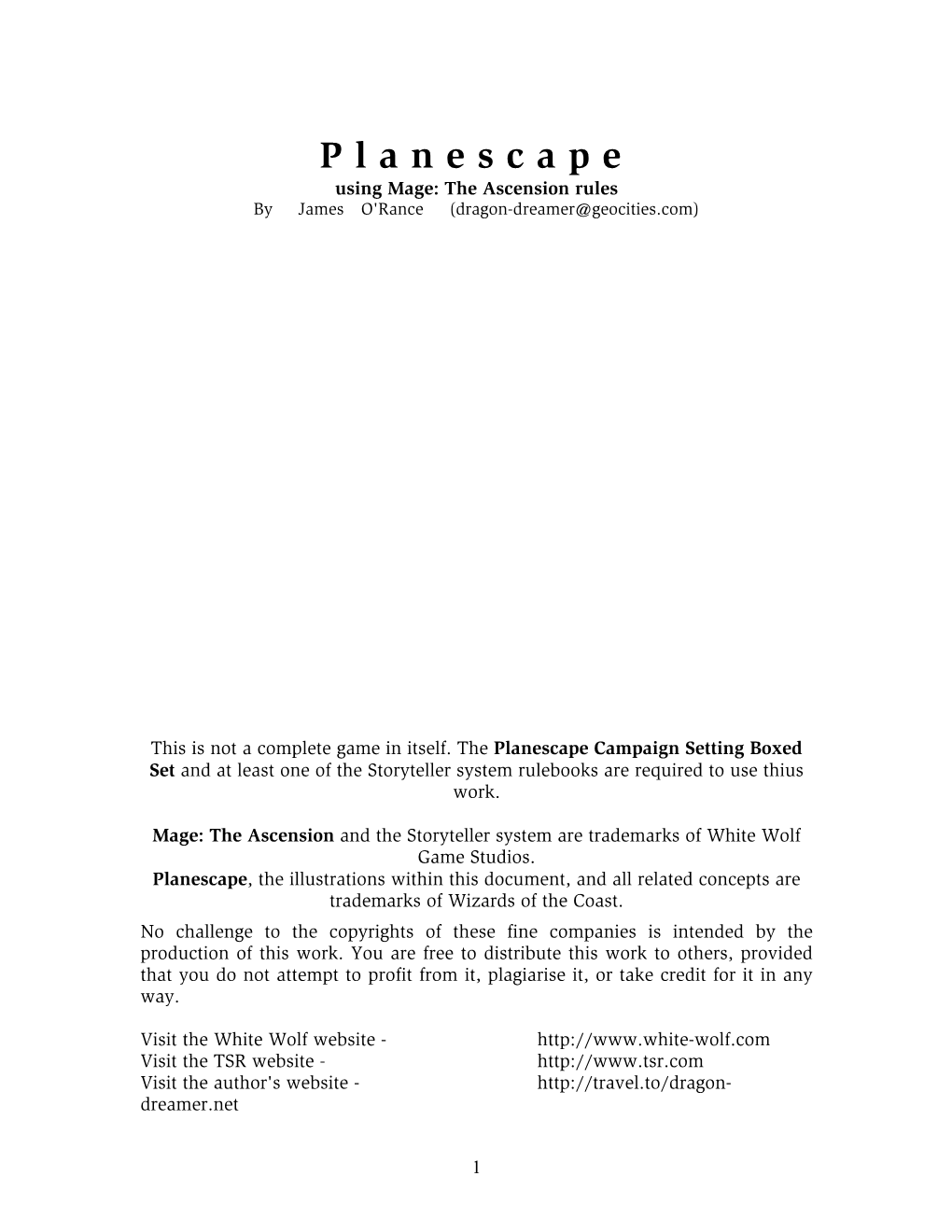 Planescape Using Mage: the Ascension Rules by James O'rance (Dragon-Dreamer@Geocities.Com)