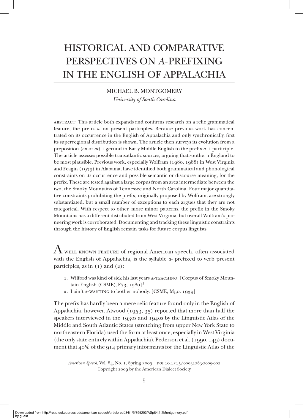 Historical and Comparative Perspectives on A-Prefixing in the English of Appalachia