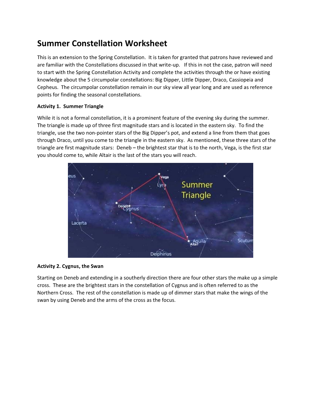 Summer Constellation Worksheet