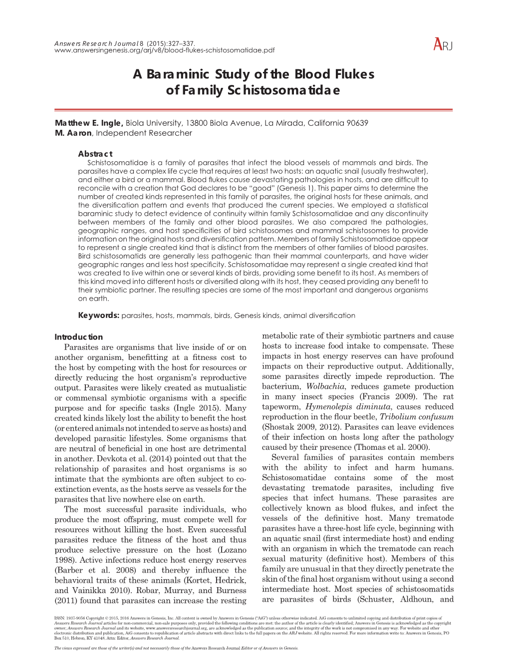 A Baraminic Study of the Blood Flukes of Family Schistosomatidae