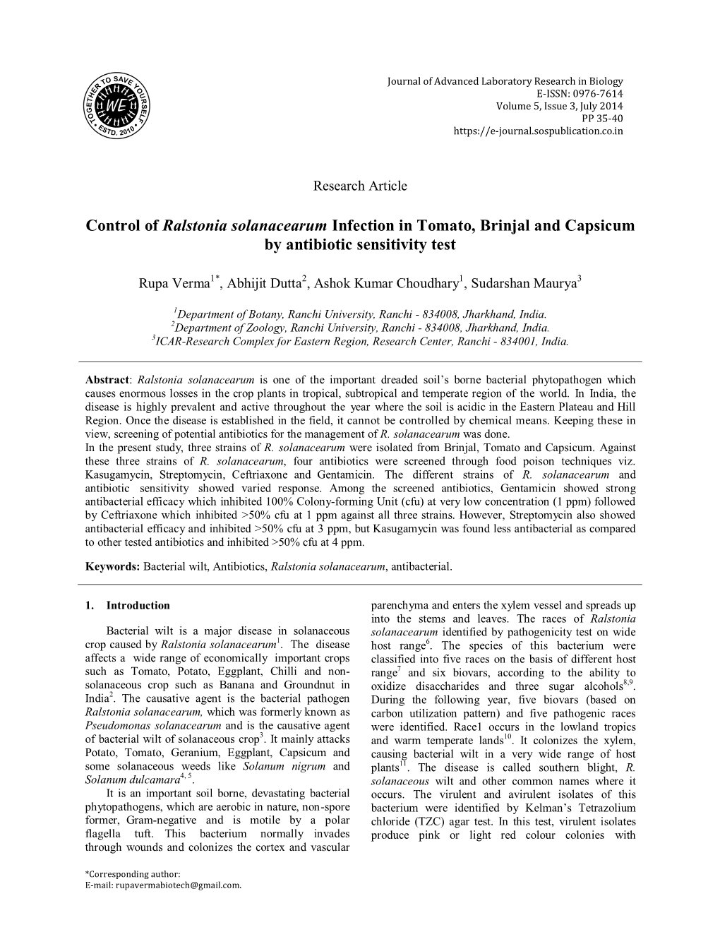 Control of Ralstonia Solanacearum Infection in Tomato, Brinjal and Capsicum by Antibiotic Sensitivity Test