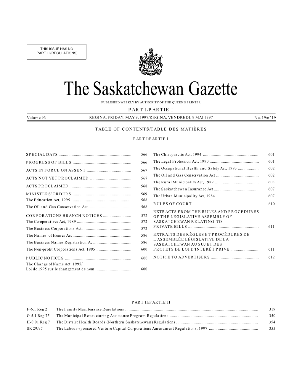 Sask Gazette, Part I, May 9, 1997