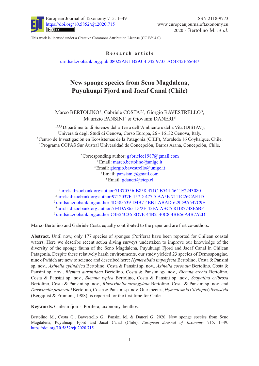 New Sponge Species from Seno Magdalena, Puyuhuapi Fjord and Jacaf Canal (Chile)