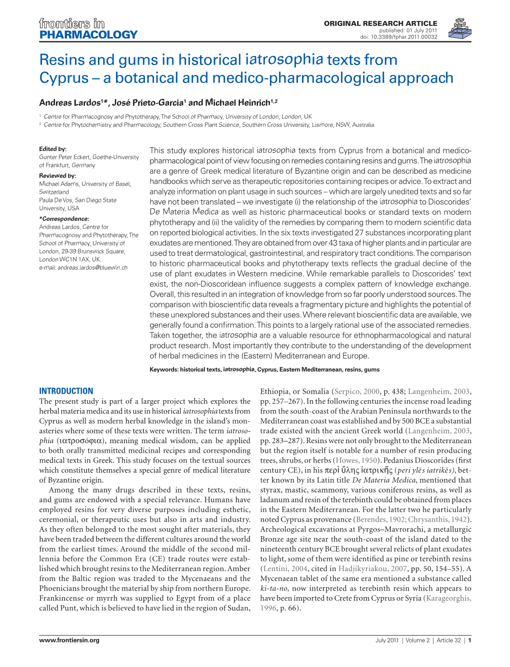 Resins and Gums in Historical Iatrosophia Texts from Cyprus – a Botanical and Medico-Pharmacological Approach