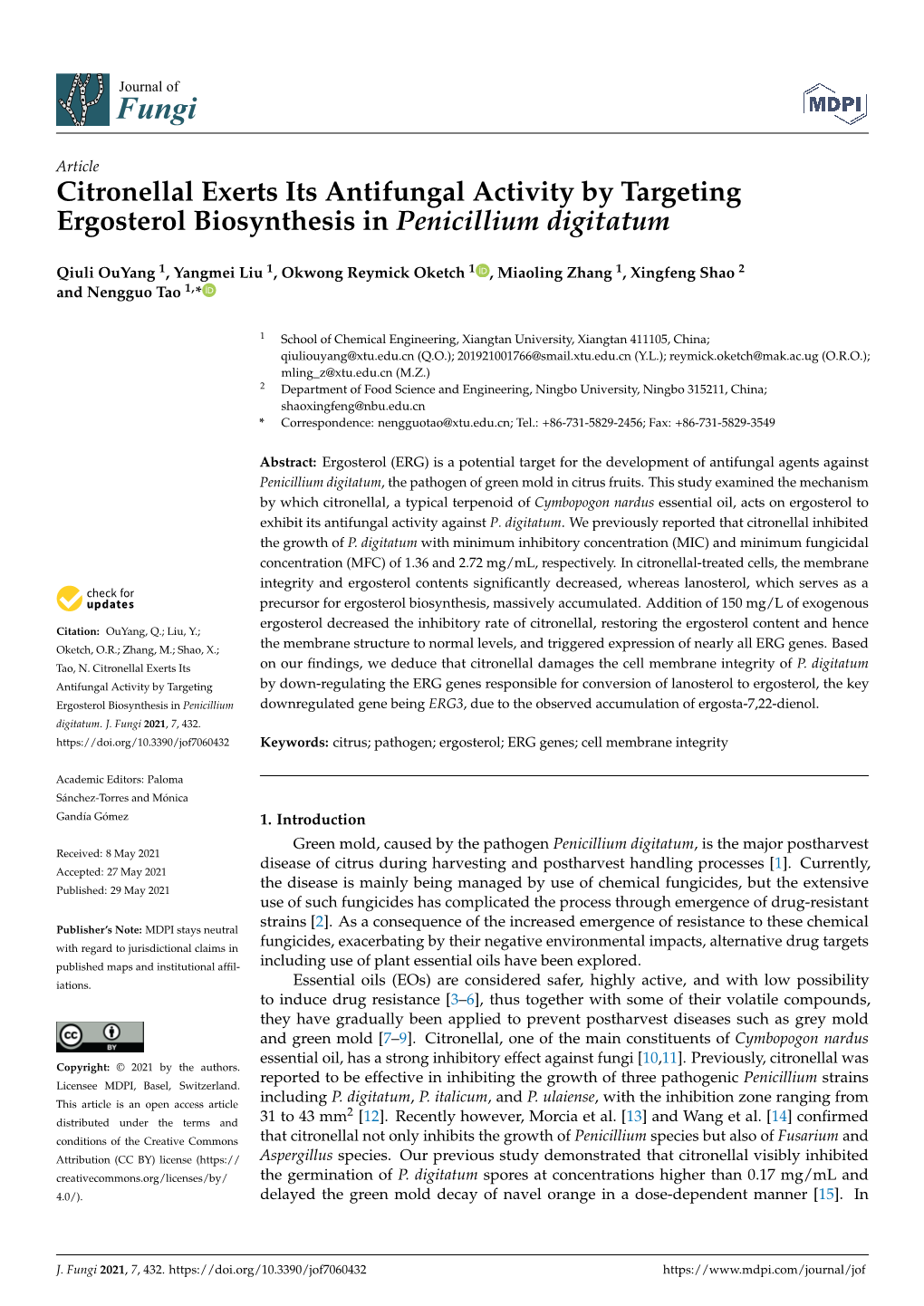 Citronellal Exerts Its Antifungal Activity by Targeting Ergosterol Biosynthesis in Penicillium Digitatum