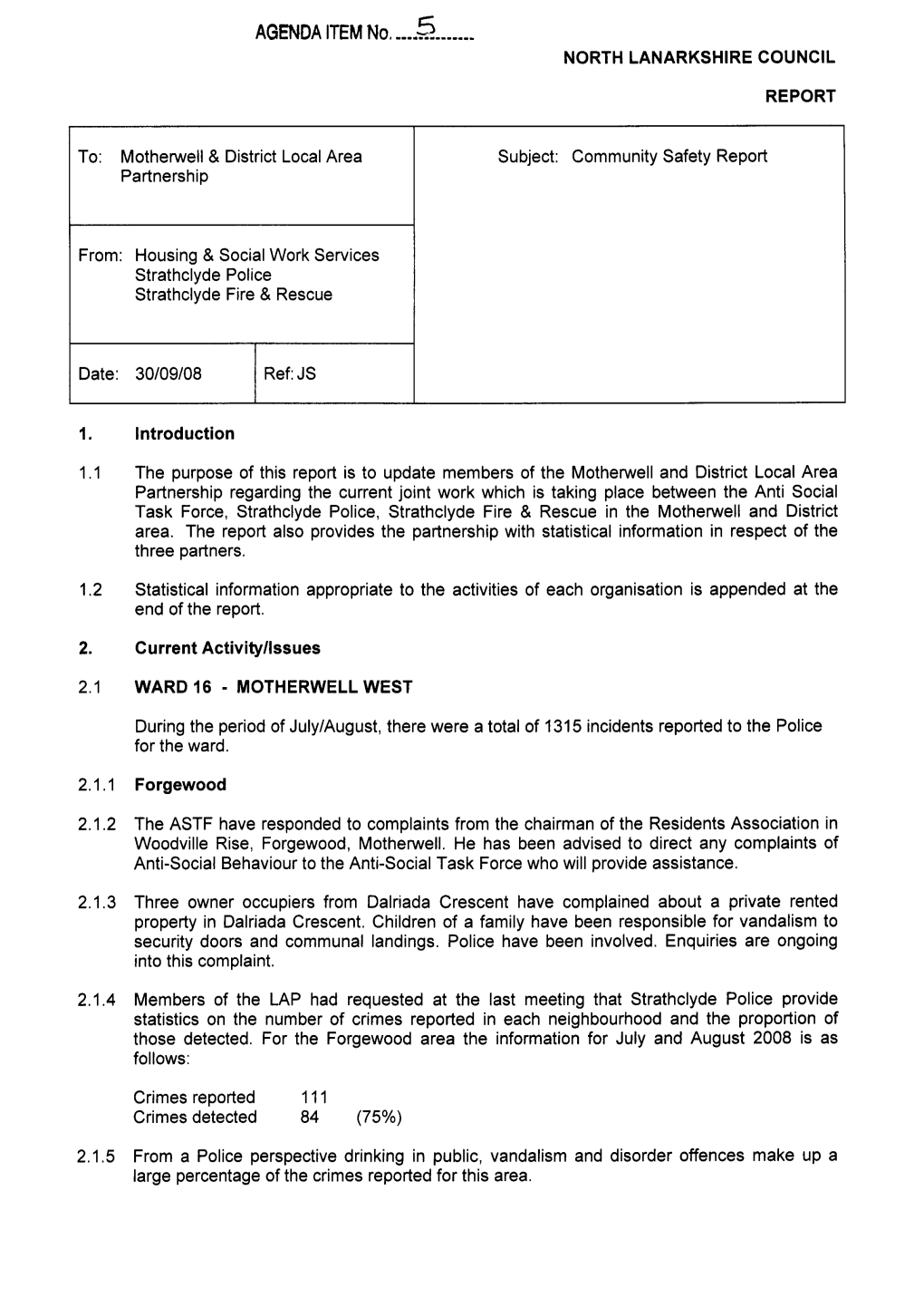 To: Motherwell & District Local Area Partnership From: Housing & Social