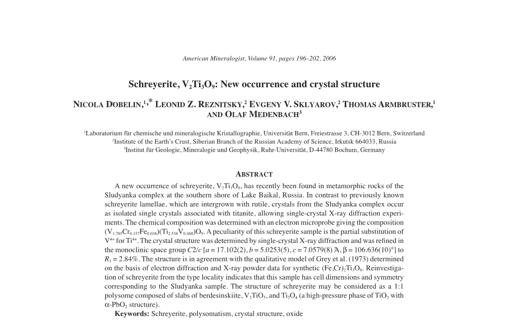 Schreyerite, V2ti3o9: New Occurrence and Crystal Structure