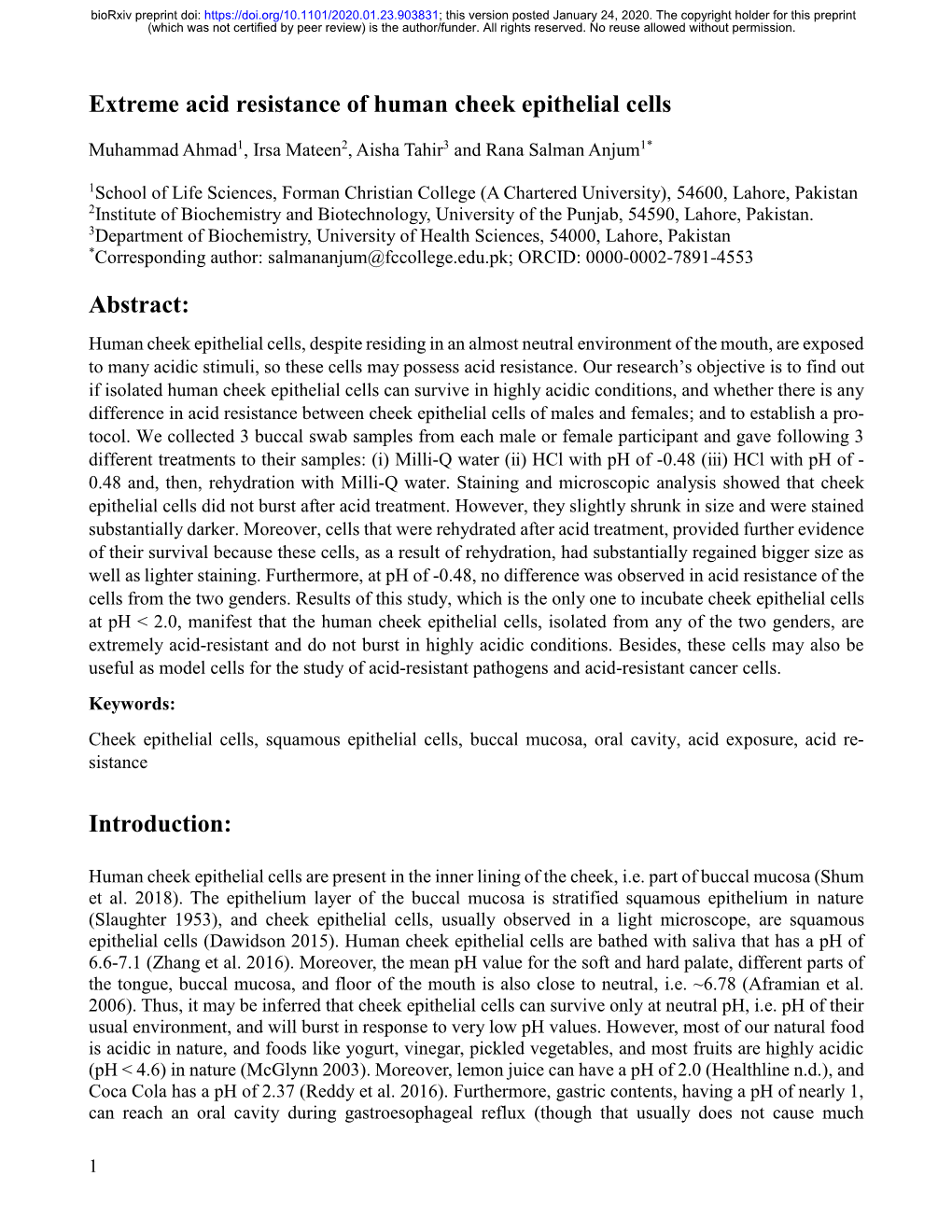 Extreme Acid Resistance of Human Cheek Epithelial Cells