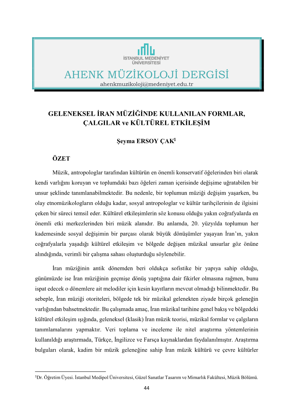 AHENK MÜZİKOLOJİ DERGİSİ Ahenkmuzikoloji@Medeniyet.Edu.Tr