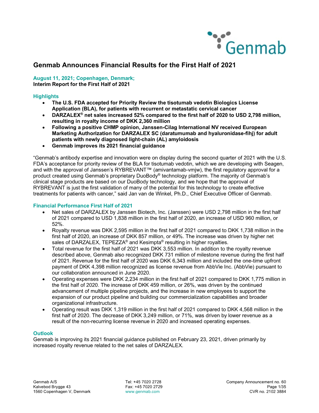 Genmab Announces Financial Results for the First Half of 2021