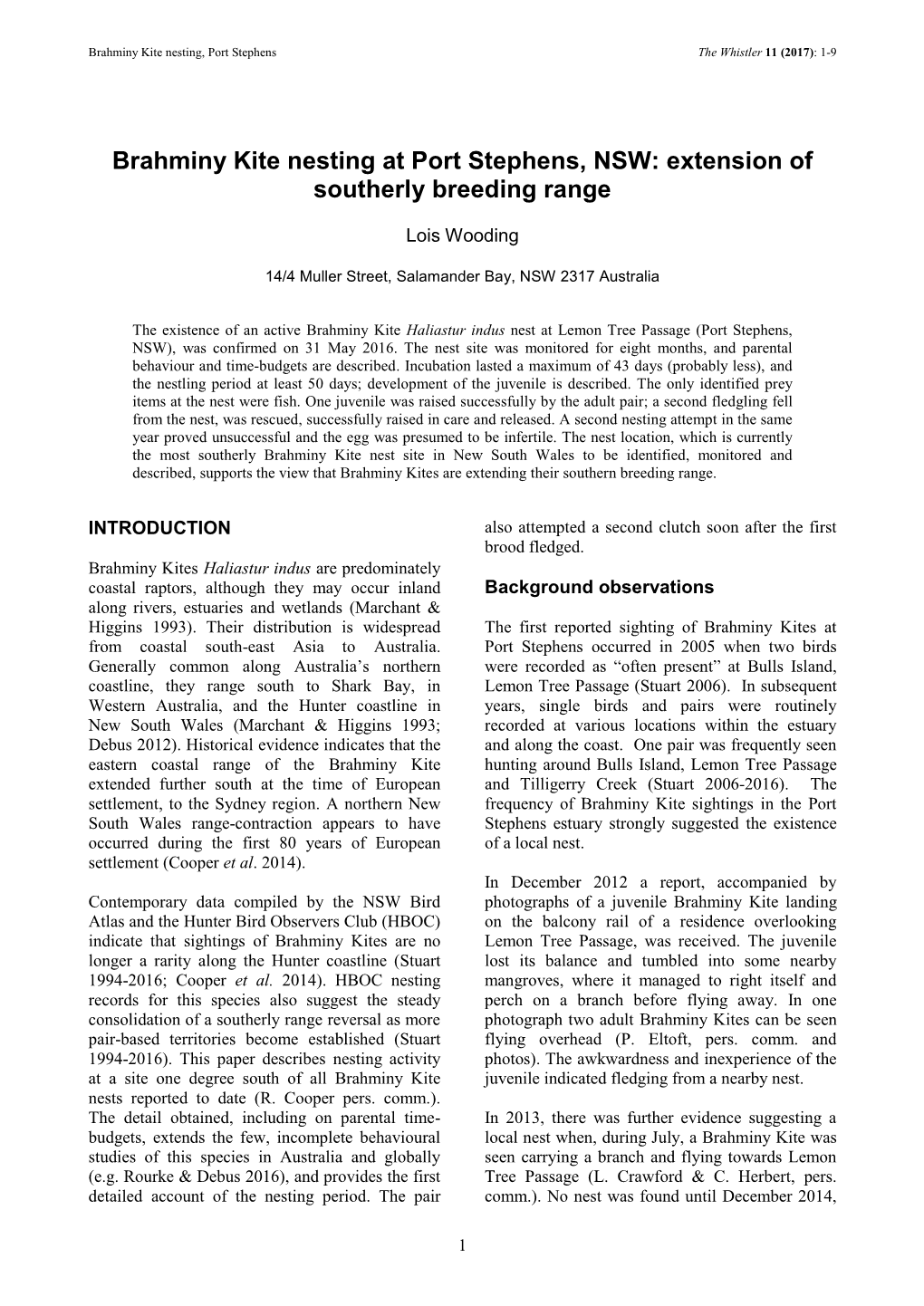 Brahminy Kite Nesting at Port Stephens, NSW: Extension of Southerly Breeding Range