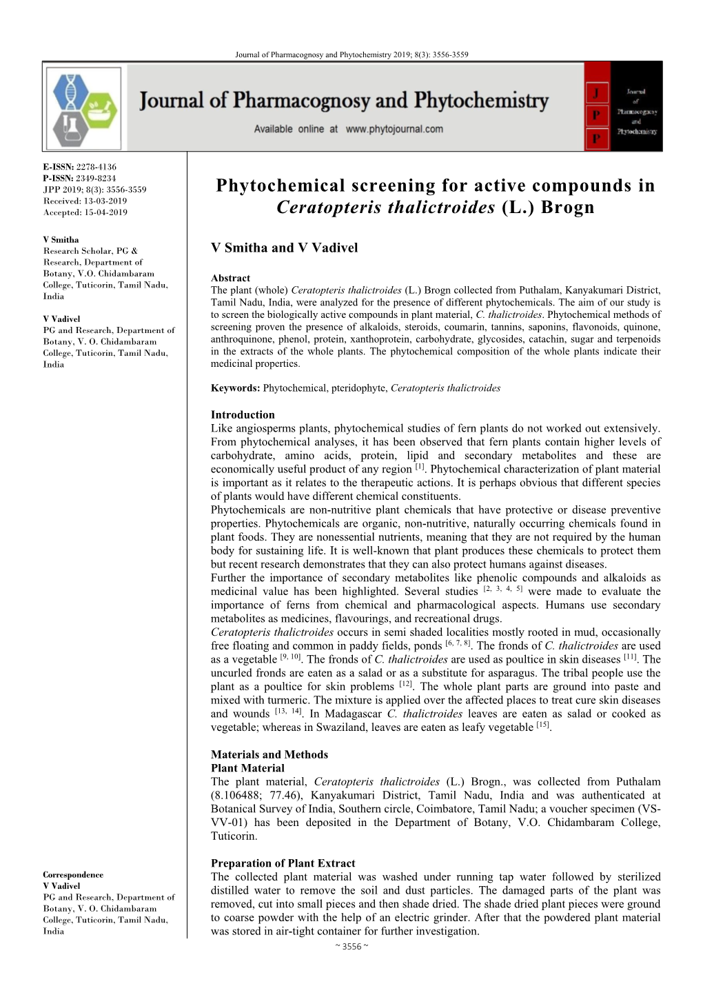 Phytochemical Screening for Active Compounds in Ceratopteris