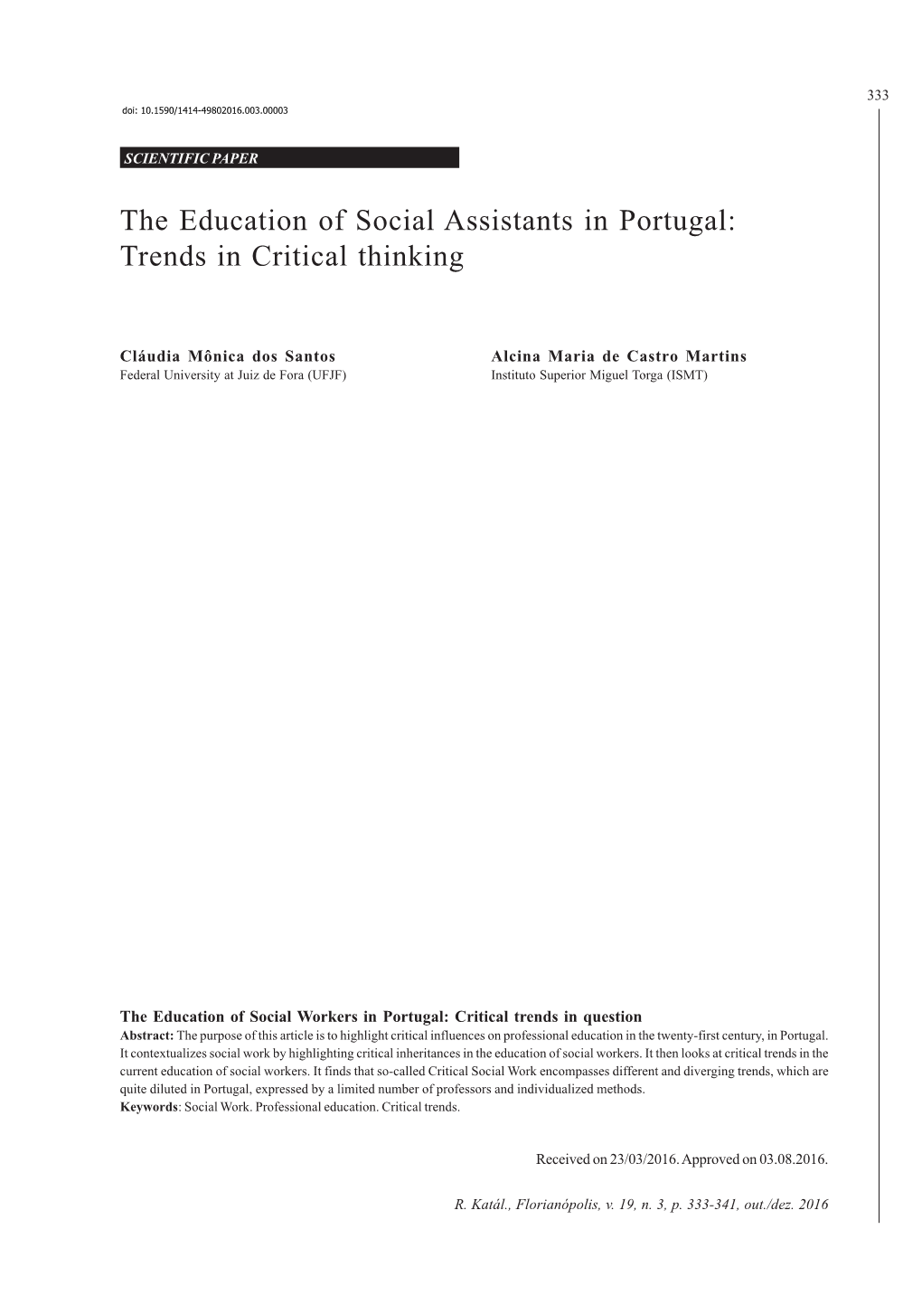 The Education of Social Assistants in Portugal: Trends in Critical Thinking