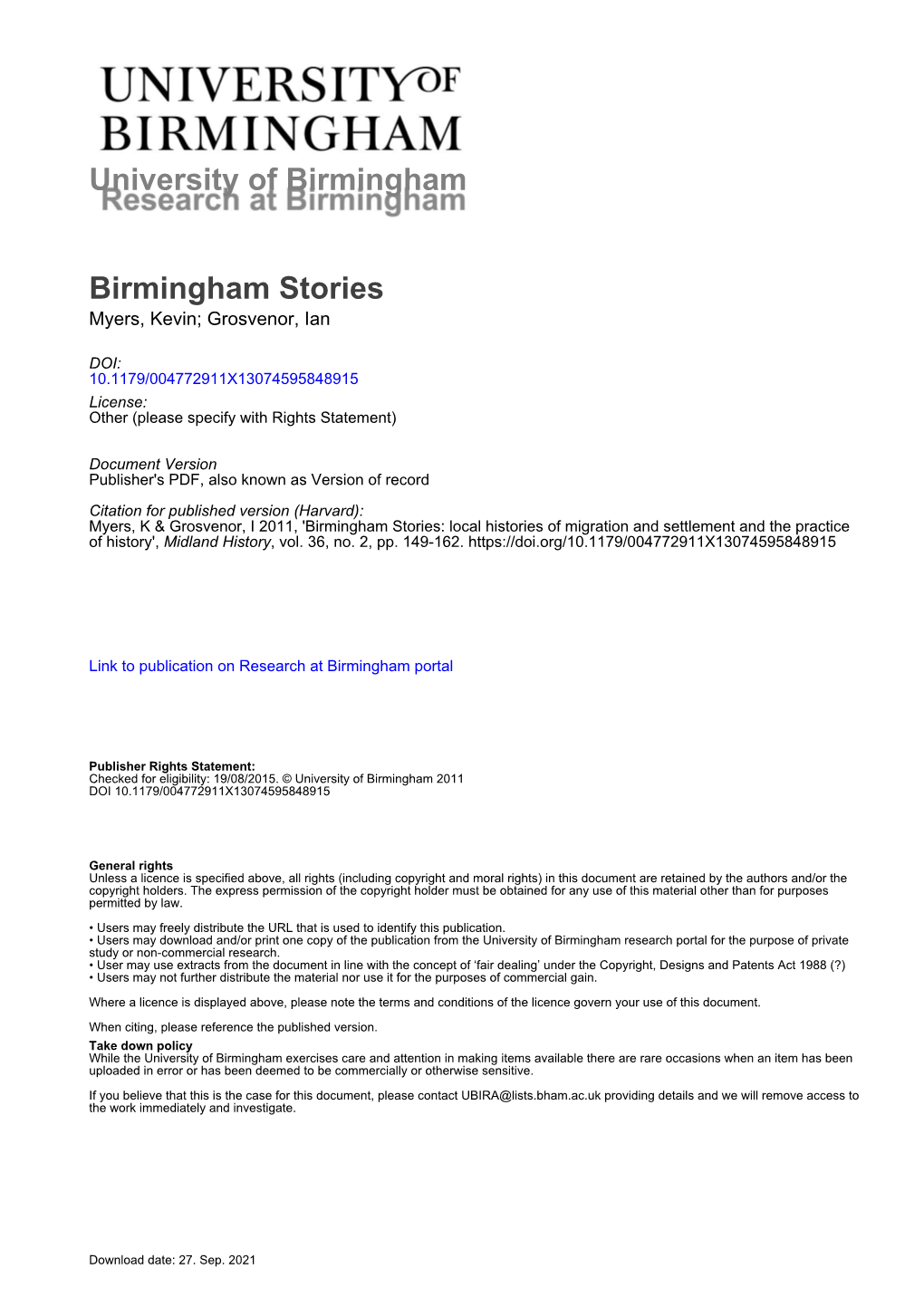 Birmingham Stories: Local Histories of Migration and Settlement and the Practice of History', Midland History, Vol