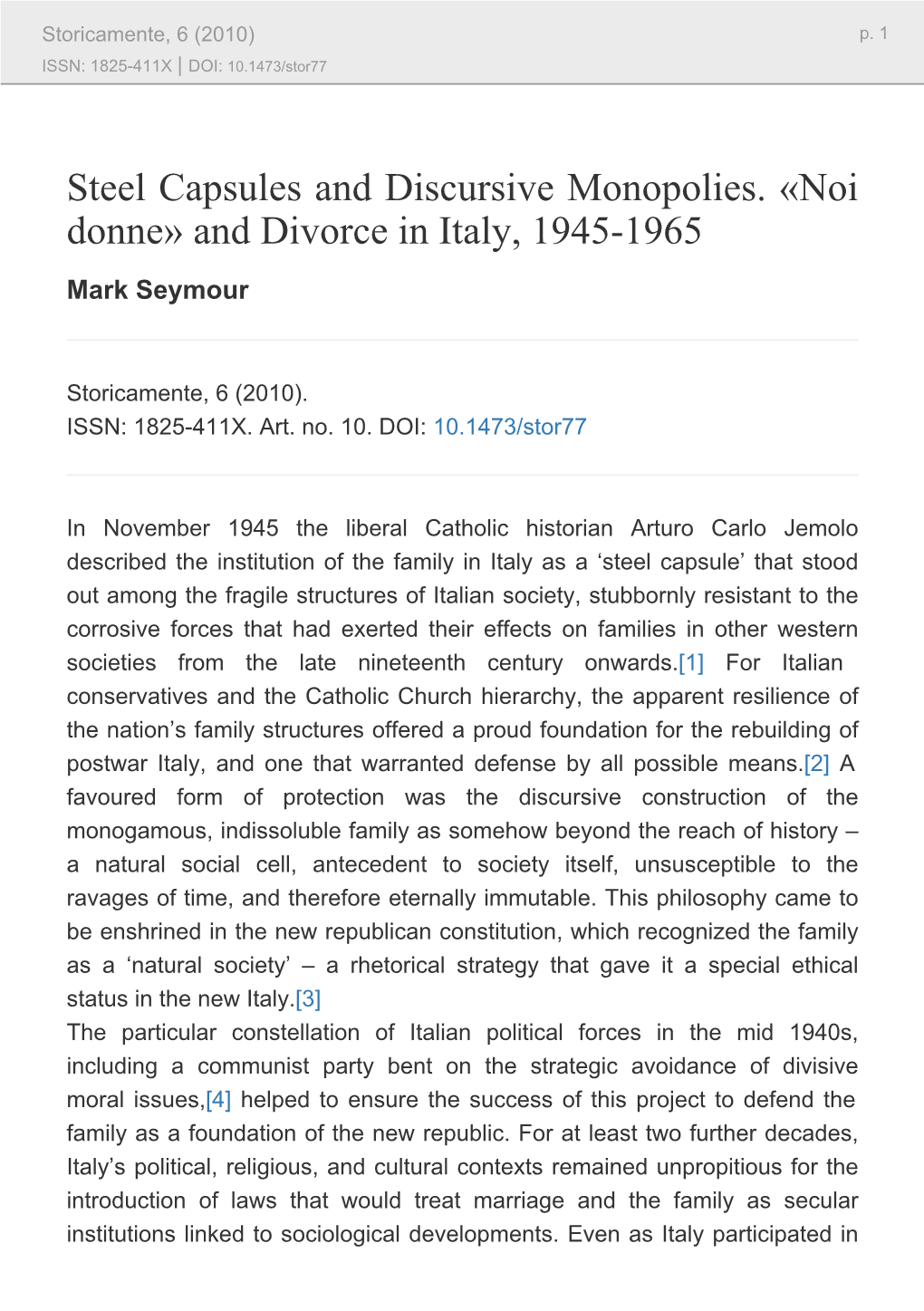 Noi Donne» and Divorce in Italy, 1945-1965 Mark Seymour