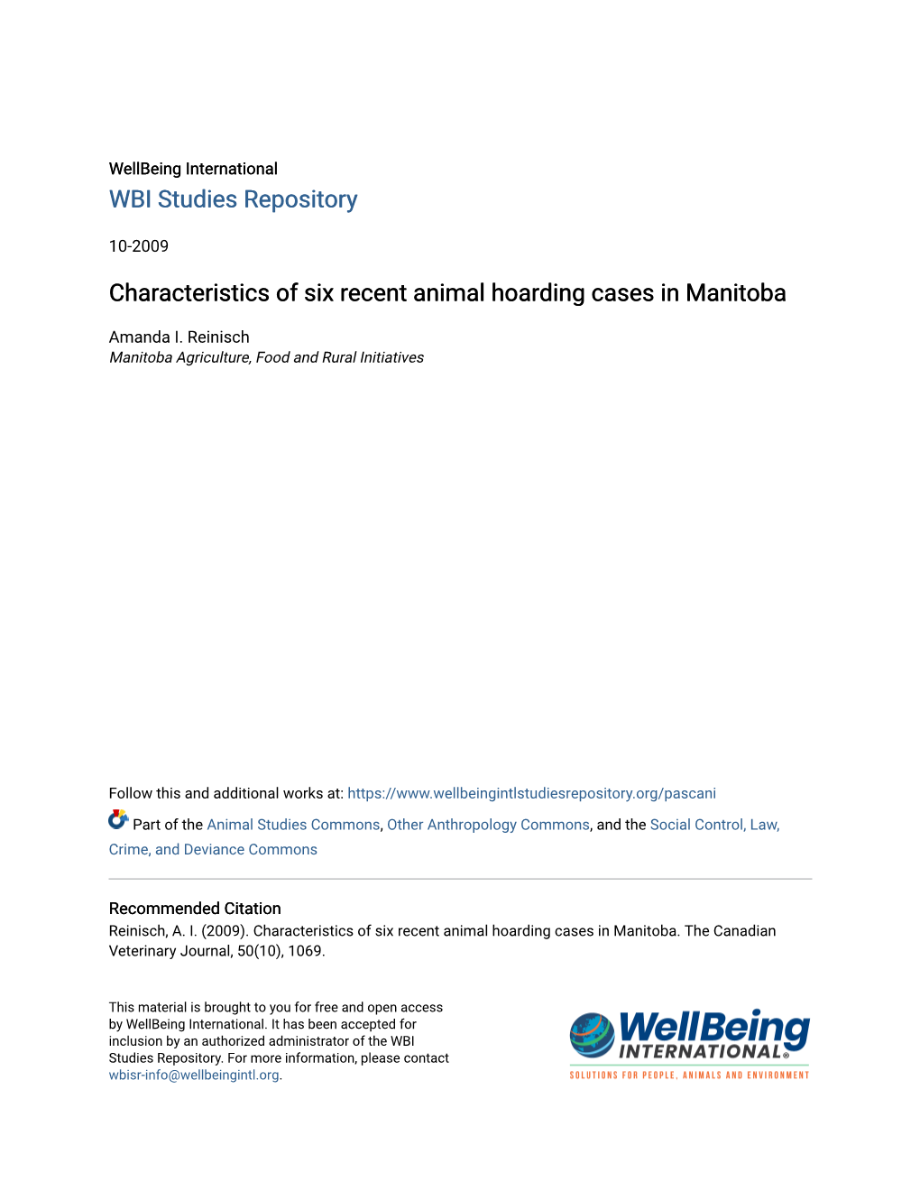 Characteristics of Six Recent Animal Hoarding Cases in Manitoba
