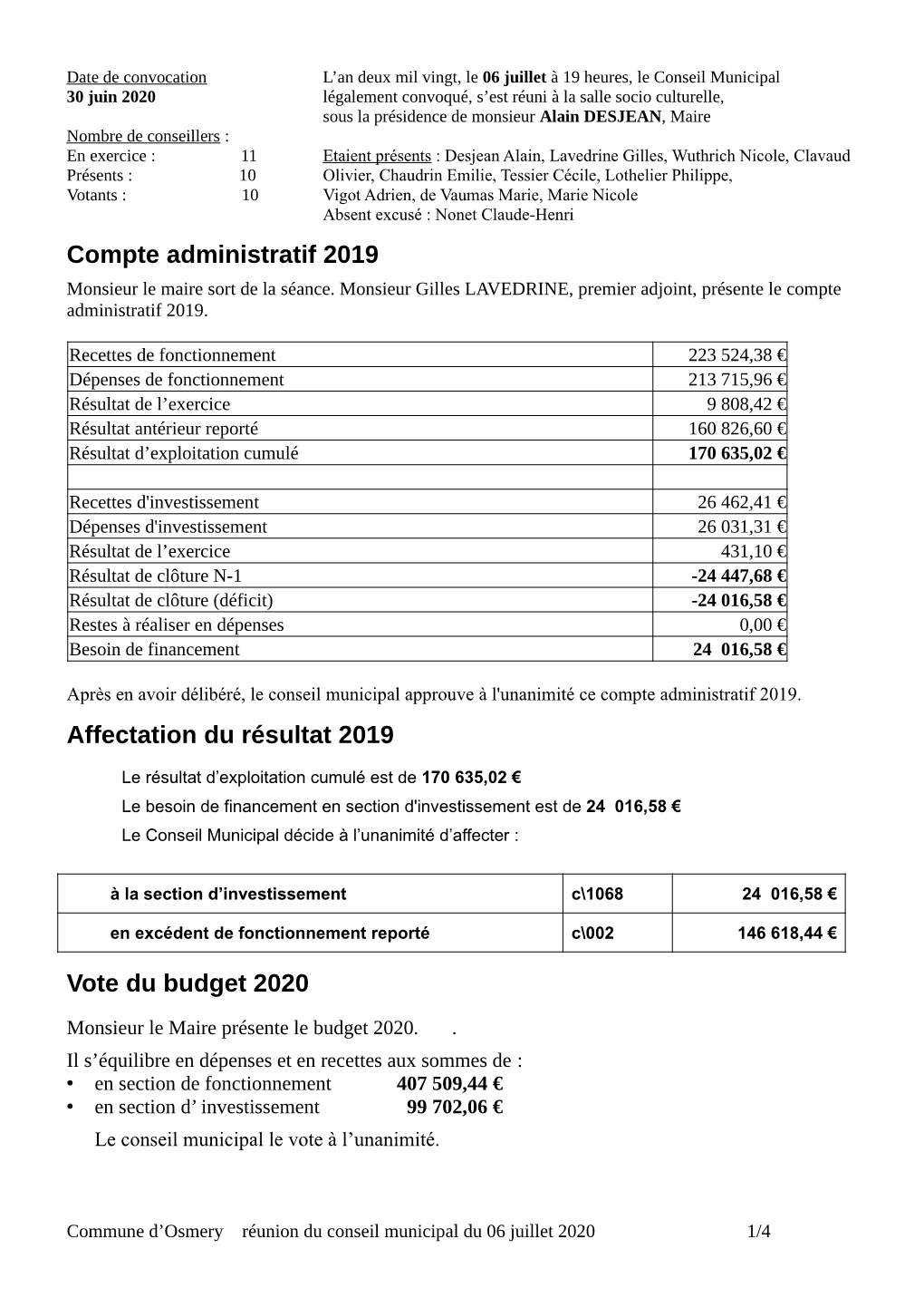 Compte Administratif 2019 Affectation Du Résultat