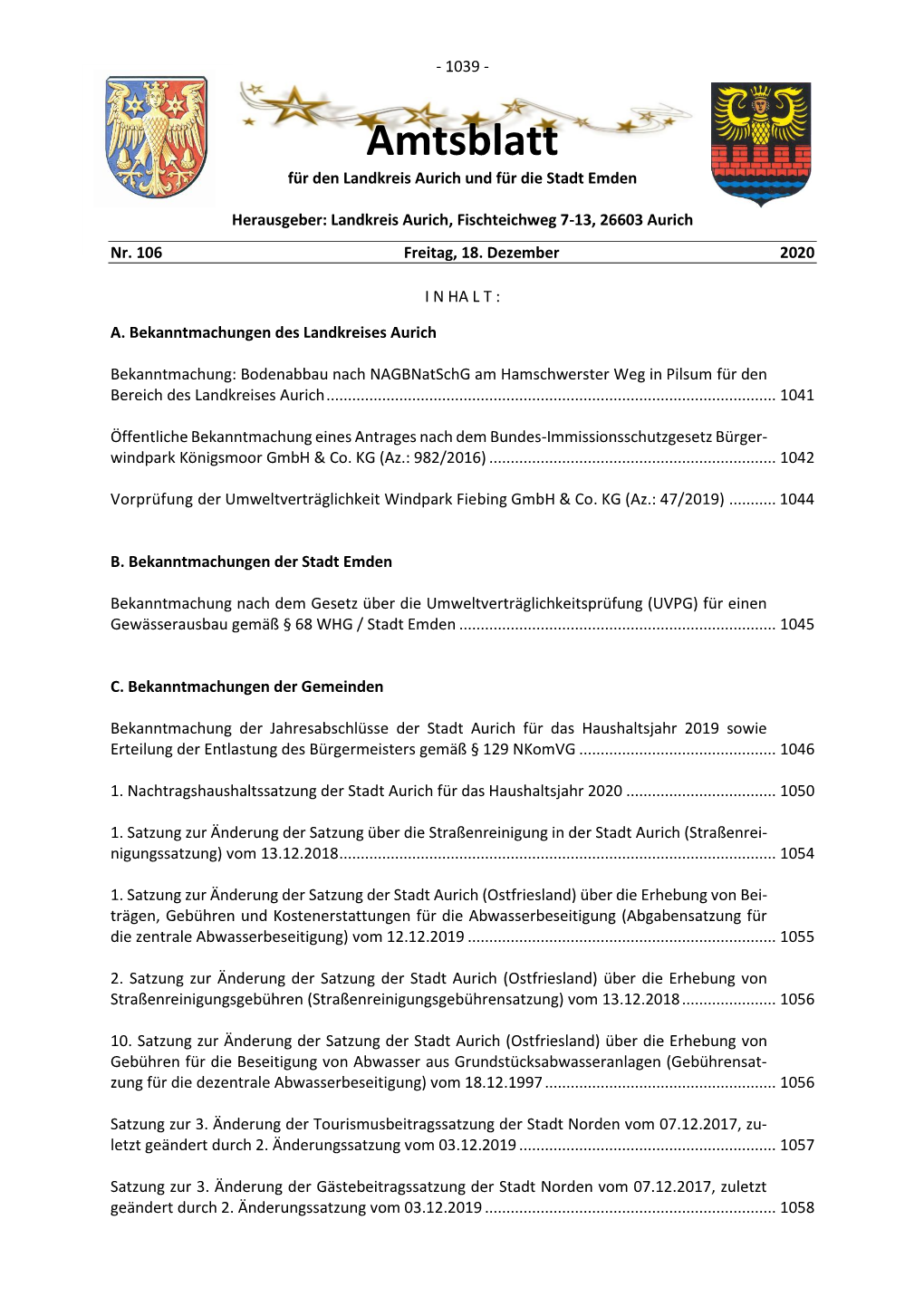 Amtsblatt Für Den Landkreis Aurich Und Für Die Stadt Emden