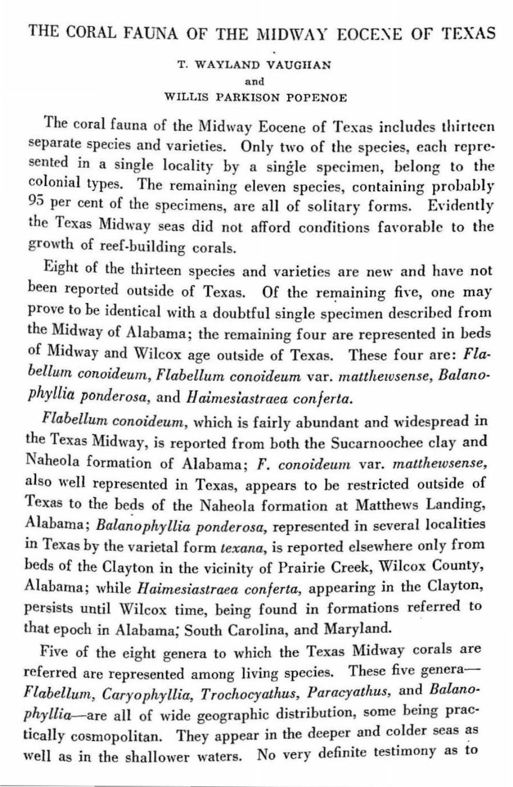 THE CORAL FAUNA of the MIDWAY EOCE:\E of TEXAS The