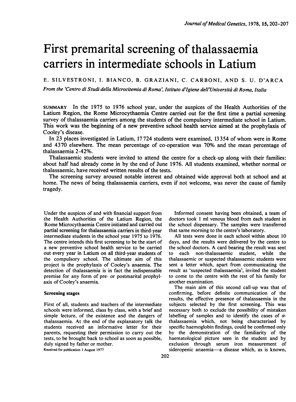 First Premarital Screening of Thalassaemia Carriers in Intermediate Schools in Latium