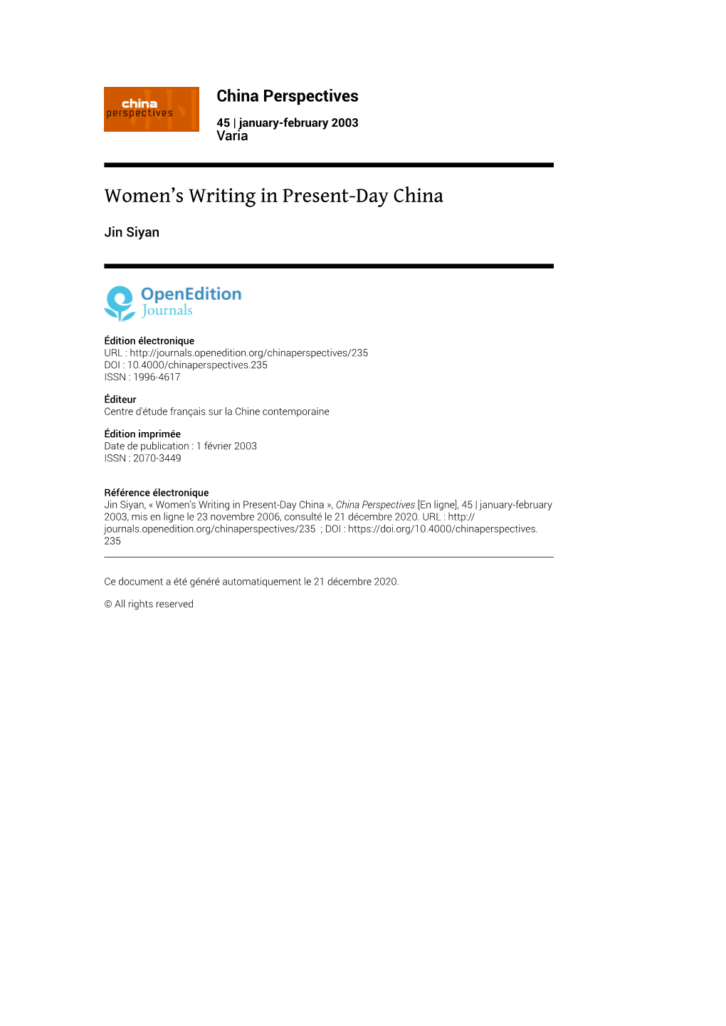 China Perspectives, 45 | January-February 2003 Women’S Writing in Present-Day China 2