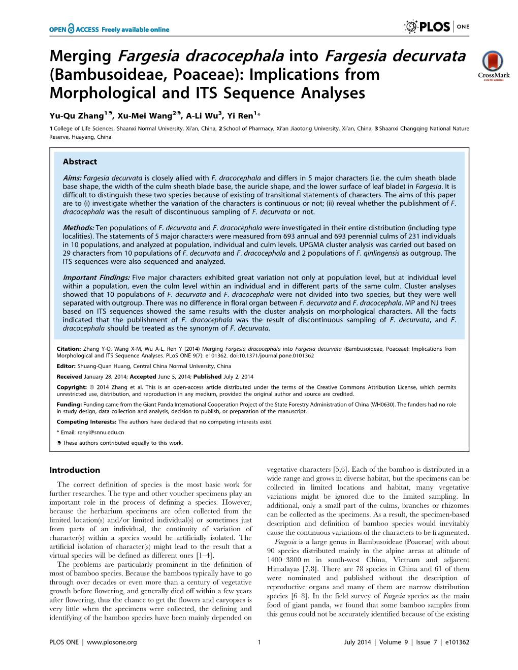 Merging Fargesia Dracocephala Into Fargesia Decurvata (Bambusoideae, Poaceae): Implications from Morphological and ITS Sequence Analyses