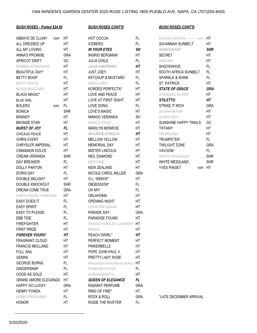 Van Winden's Garden Center 2020 Rose Listing 1805 Pueblo Ave