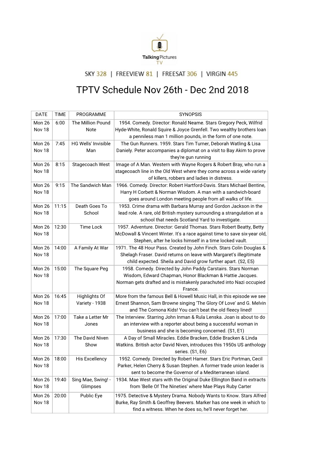 TPTV Schedule Nov 26Th - Dec 2Nd 2018