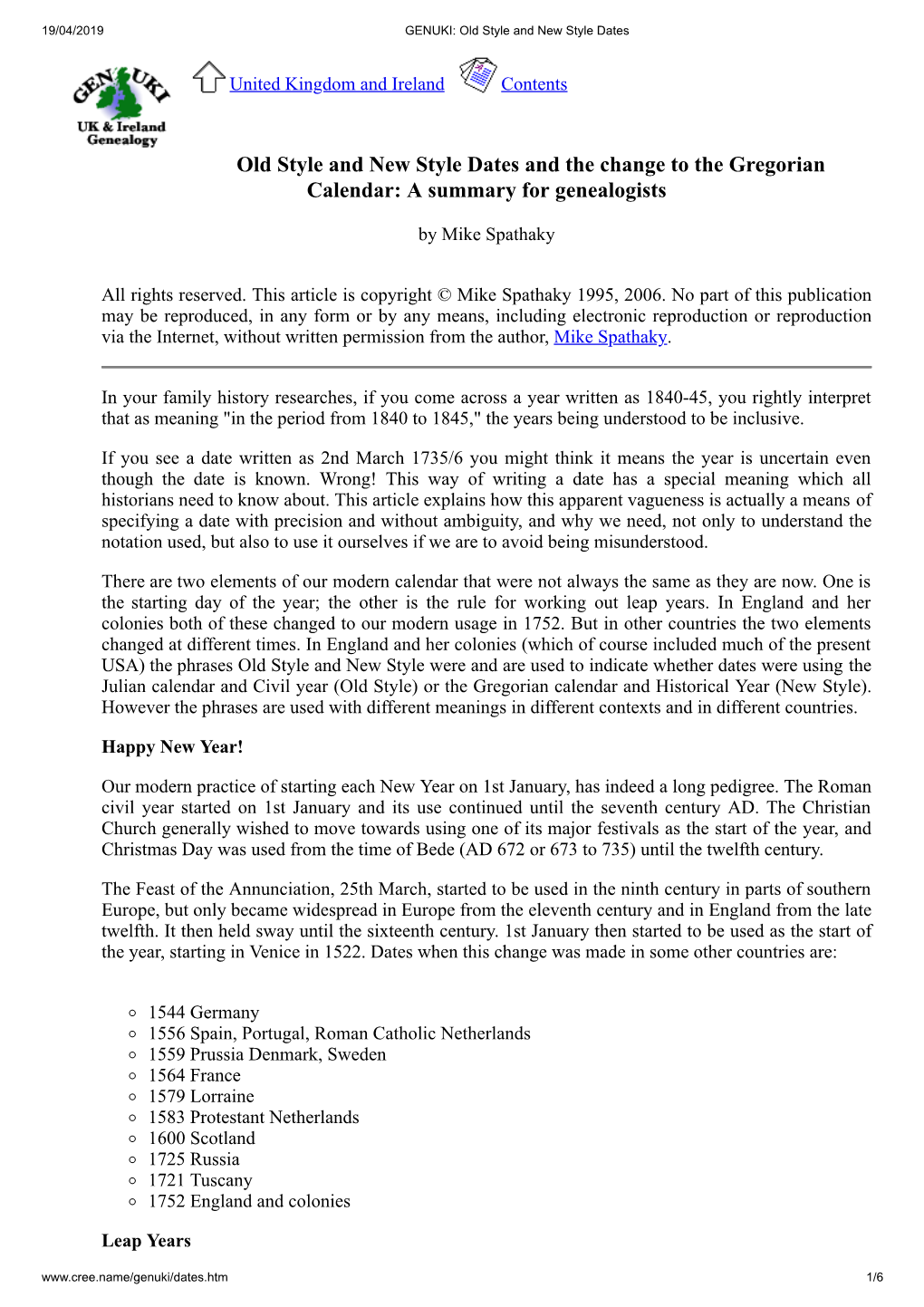 Old Style and New Style Dates and the Change to the Gregorian Calendar: a Summary for Genealogists