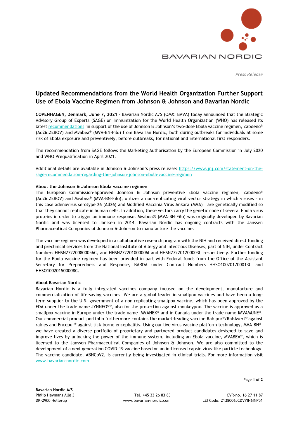 Updated Recommendations from the World Health Organization Further Support Use of Ebola Vaccine Regimen from Johnson & Johnson and Bavarian Nordic