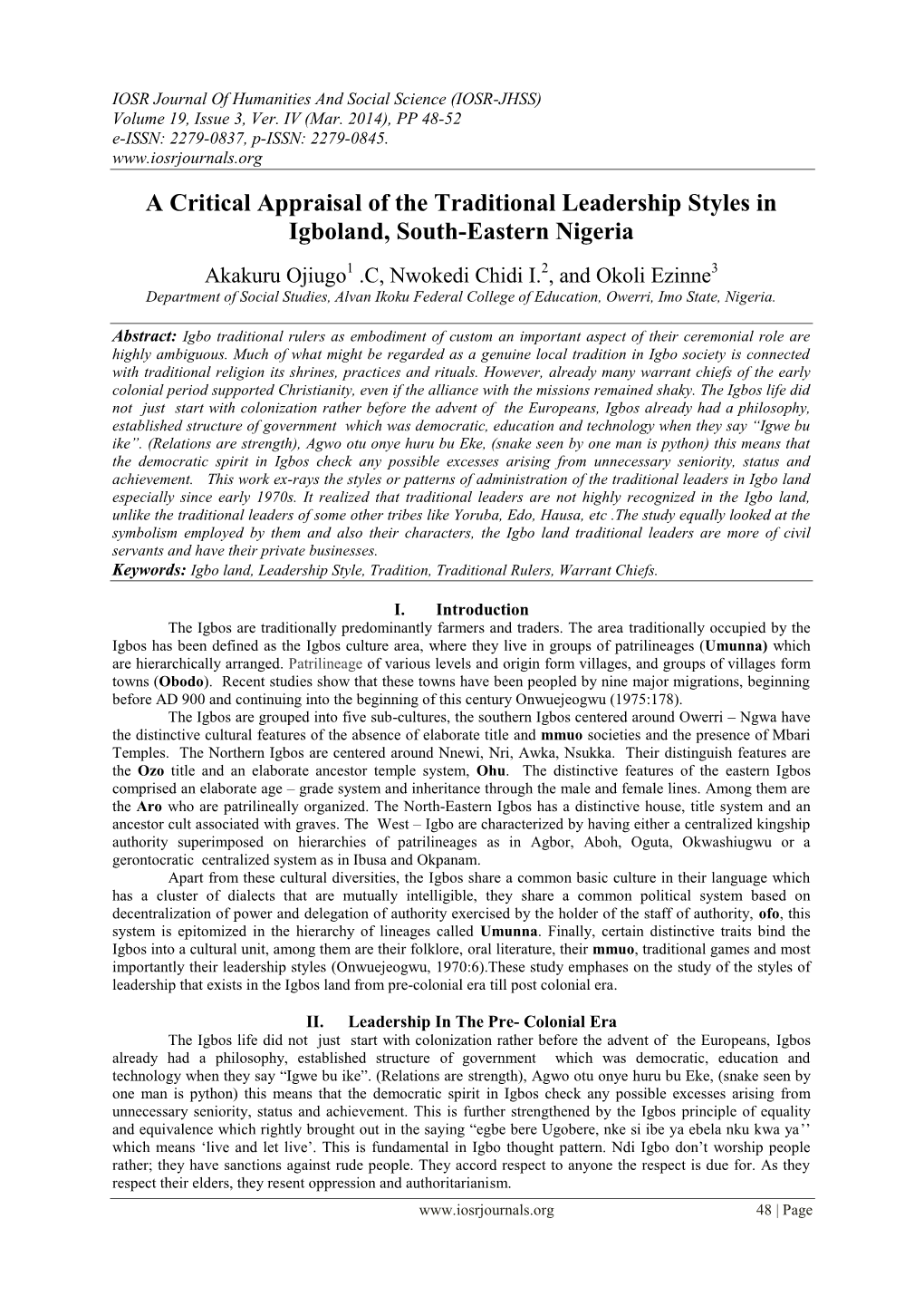 Leadership Styles in Igboland, South-Eastern Nigeria