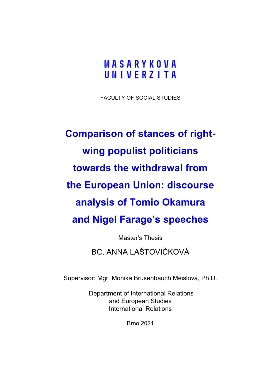 Wing Populist Politicians Towards the Withdrawal from the European Union: Discourse Analysis of Tomio Okamura and Nigel Farage’S Speeches