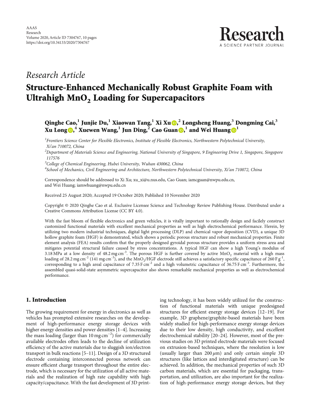 Research Article Structure-Enhanced Mechanically Robust Graphite Foam with Ultrahigh Mno2 Loading for Supercapacitors