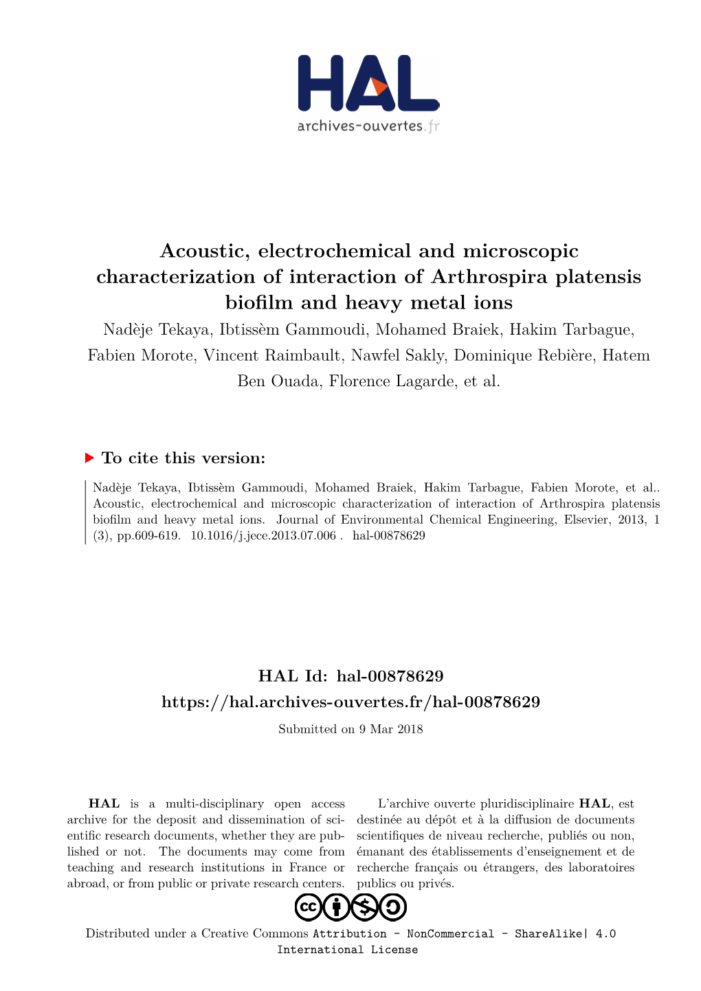 Acoustic, Electrochemical and Microscopic Characterization of Interaction of Arthrospira Platensis Biofilm and Heavy Metal Ions