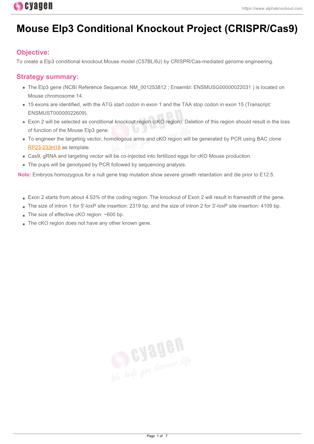 Mouse Elp3 Conditional Knockout Project (CRISPR/Cas9)