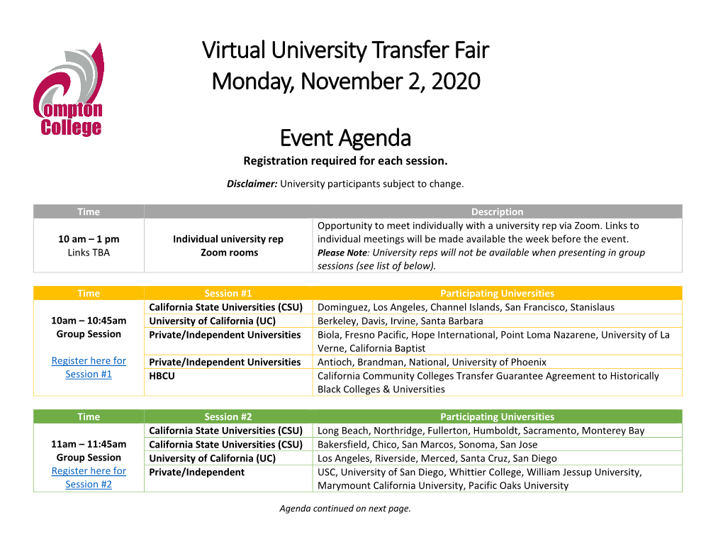 Virtual University Transfer Fair Event Agenda