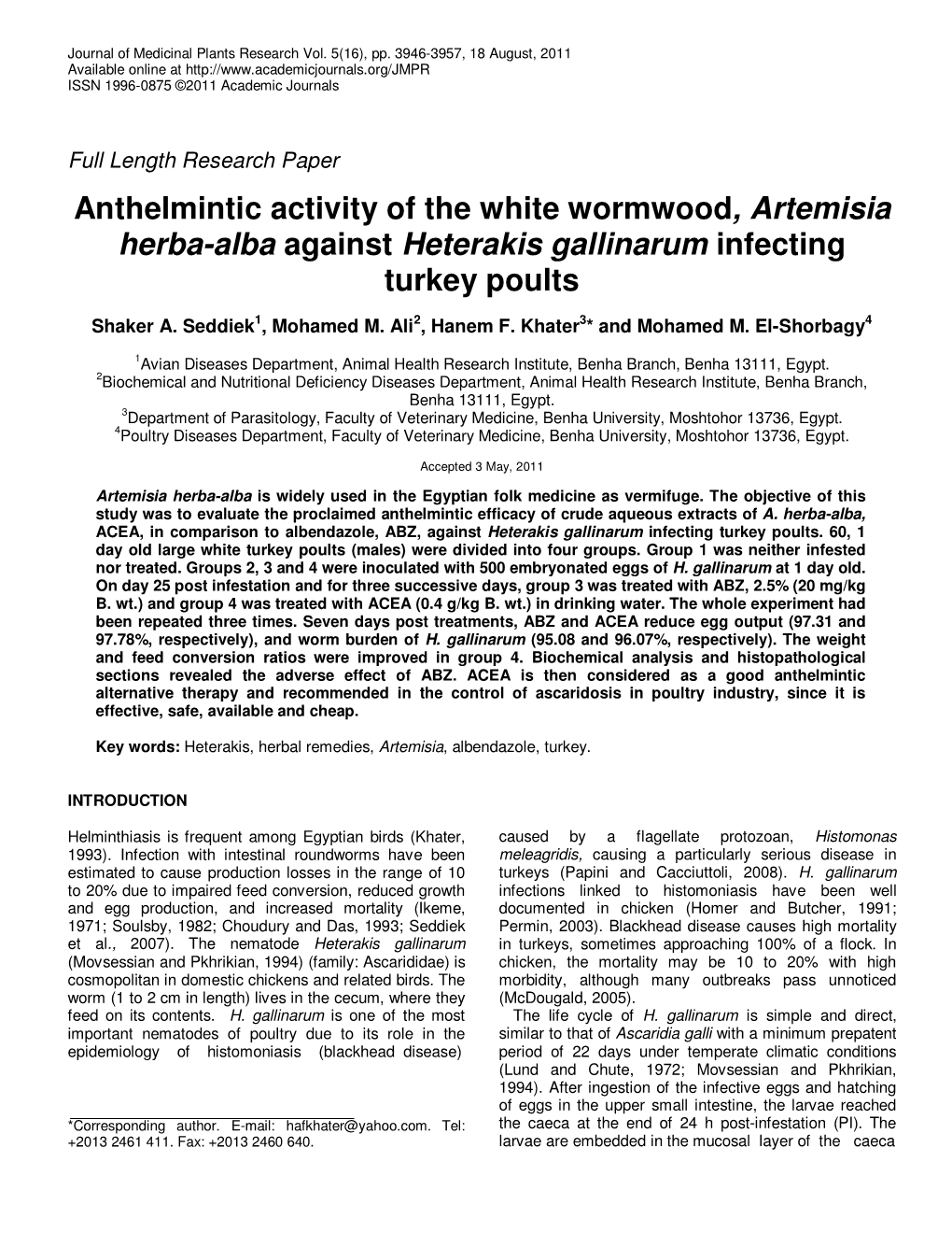 Anthelmintic Activity of the White Wormwood, Artemisia Herba-Alba