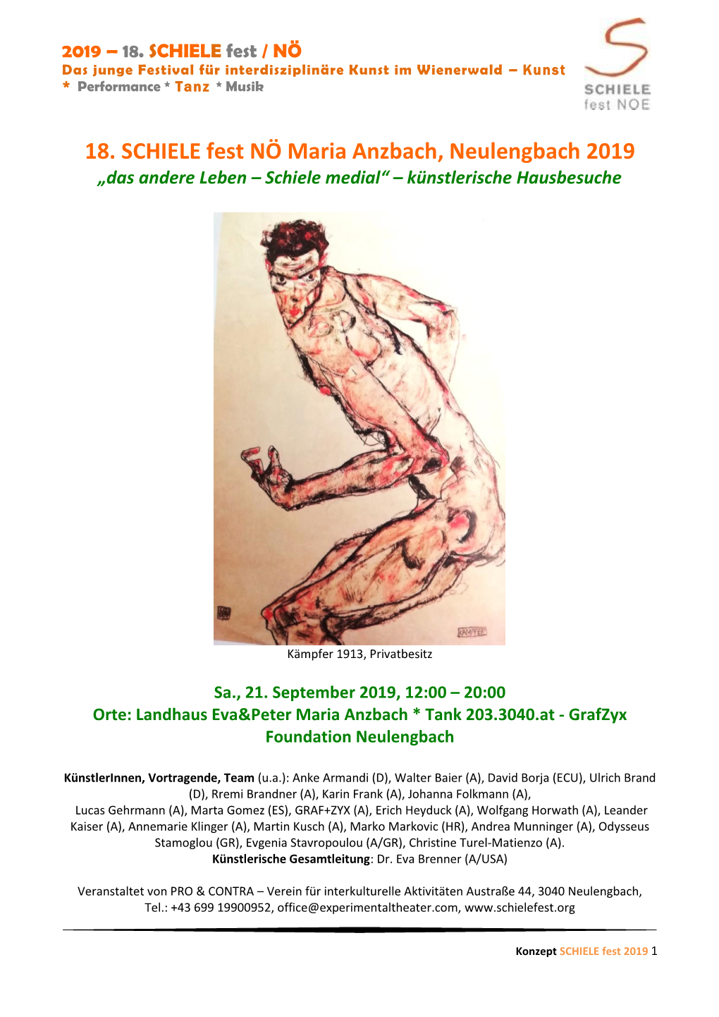 18. SCHIELE Fest NÖ Maria Anzbach, Neulengbach 2019 „Das Andere Leben – Schiele Medial“ – Künstlerische Hausbesuche