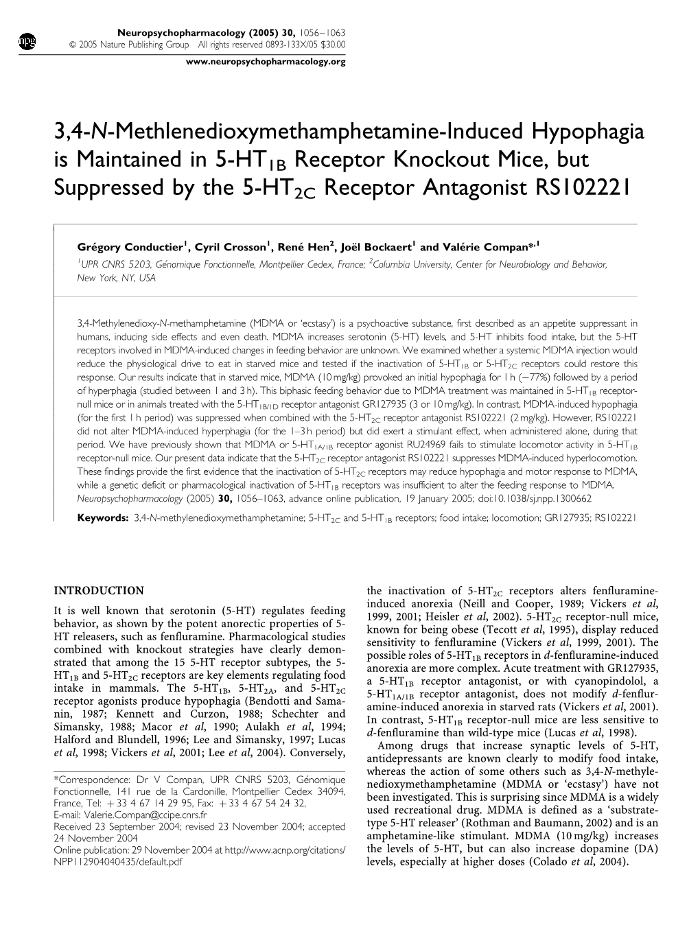 3,4-N-Methlenedioxymethamphetamine-Induced Hypophagia Is Maintained in 5-HT1B Receptor Knockout Mice, but Suppressed by the 5-HT2C Receptor Antagonist RS102221