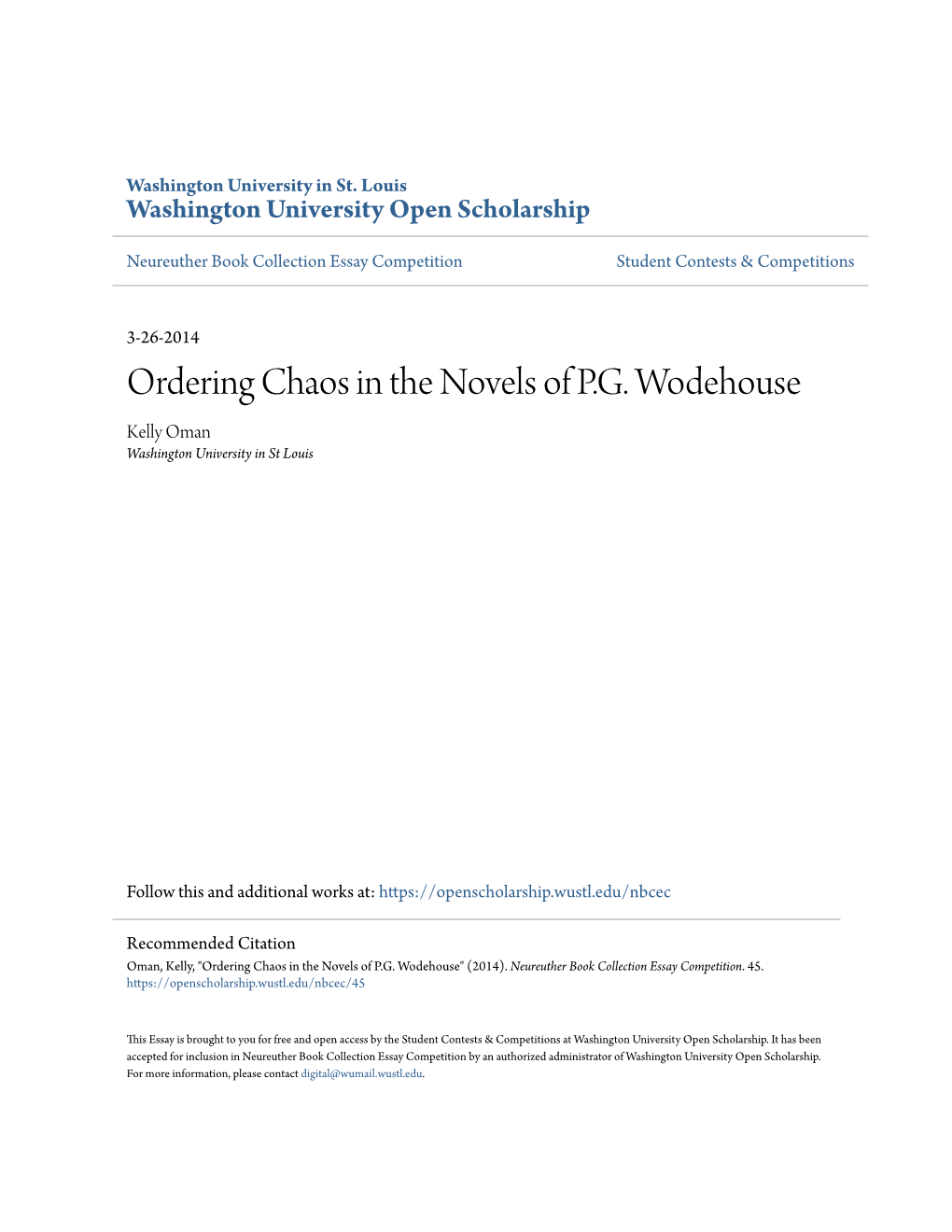 Ordering Chaos in the Novels of P.G. Wodehouse Kelly Oman Washington University in St Louis