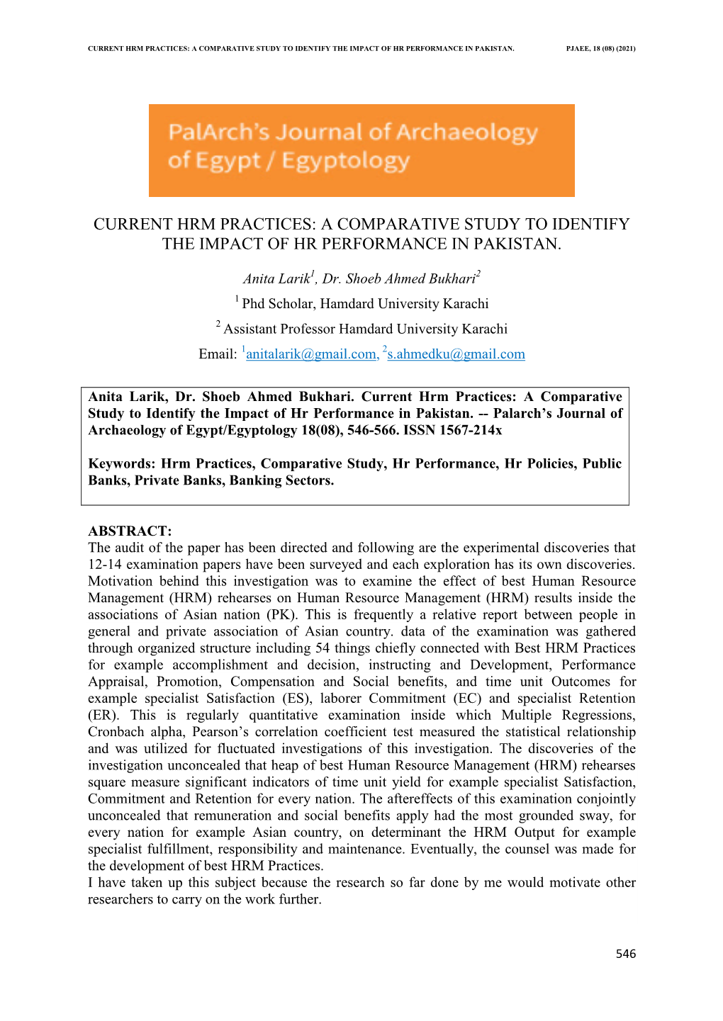 Current Hrm Practices: a Comparative Study to Identify the Impact of Hr Performance in Pakistan