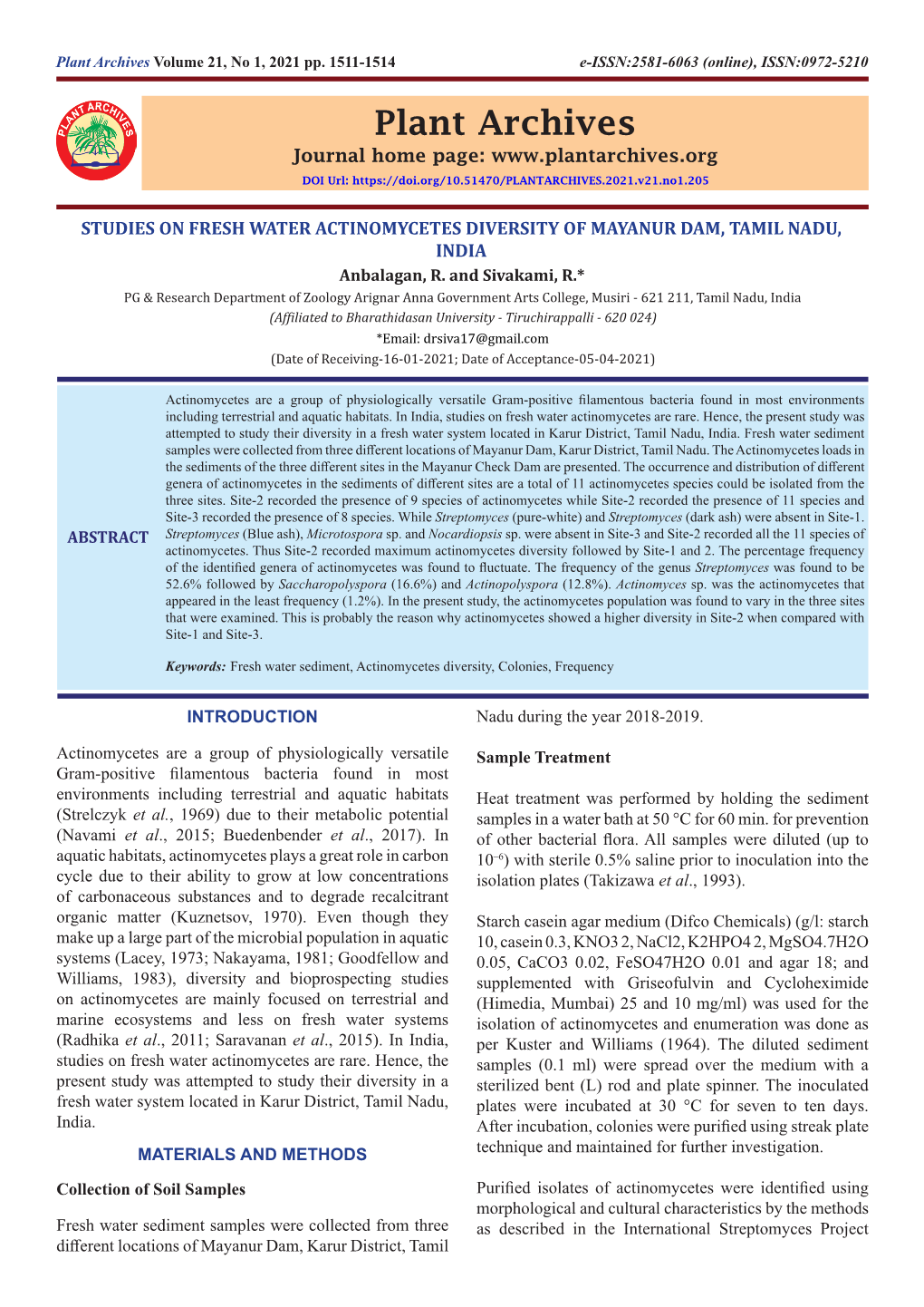STUDIES on FRESH WATER ACTINOMYCETES DIVERSITY of MAYANUR DAM, TAMIL NADU, INDIA Anbalagan, R