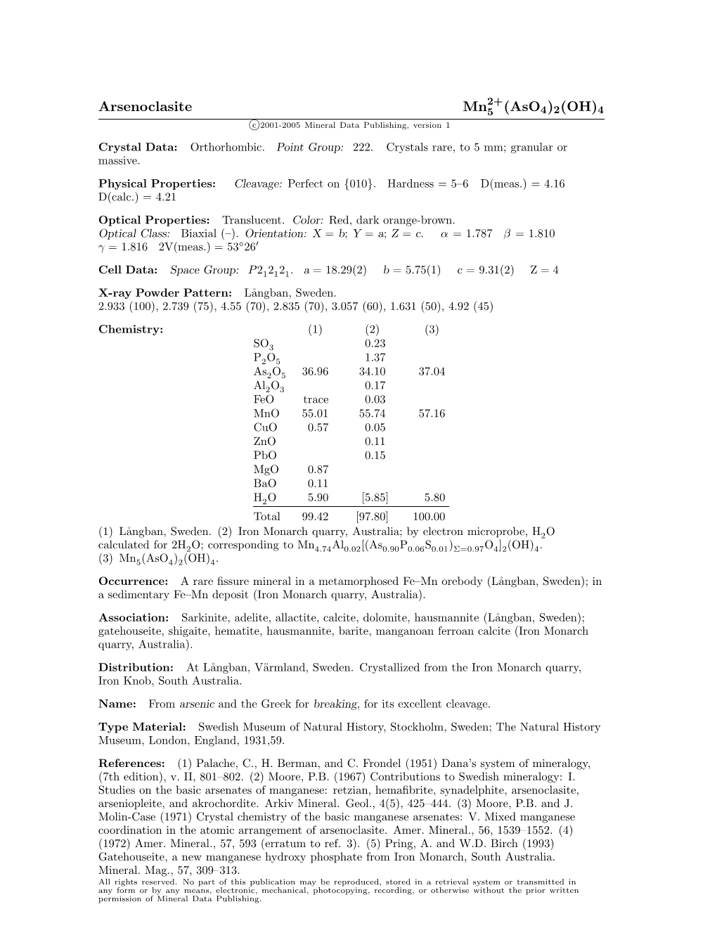 Arsenoclasite Mn5 (Aso4)2(OH)4 C 2001-2005 Mineral Data Publishing, Version 1