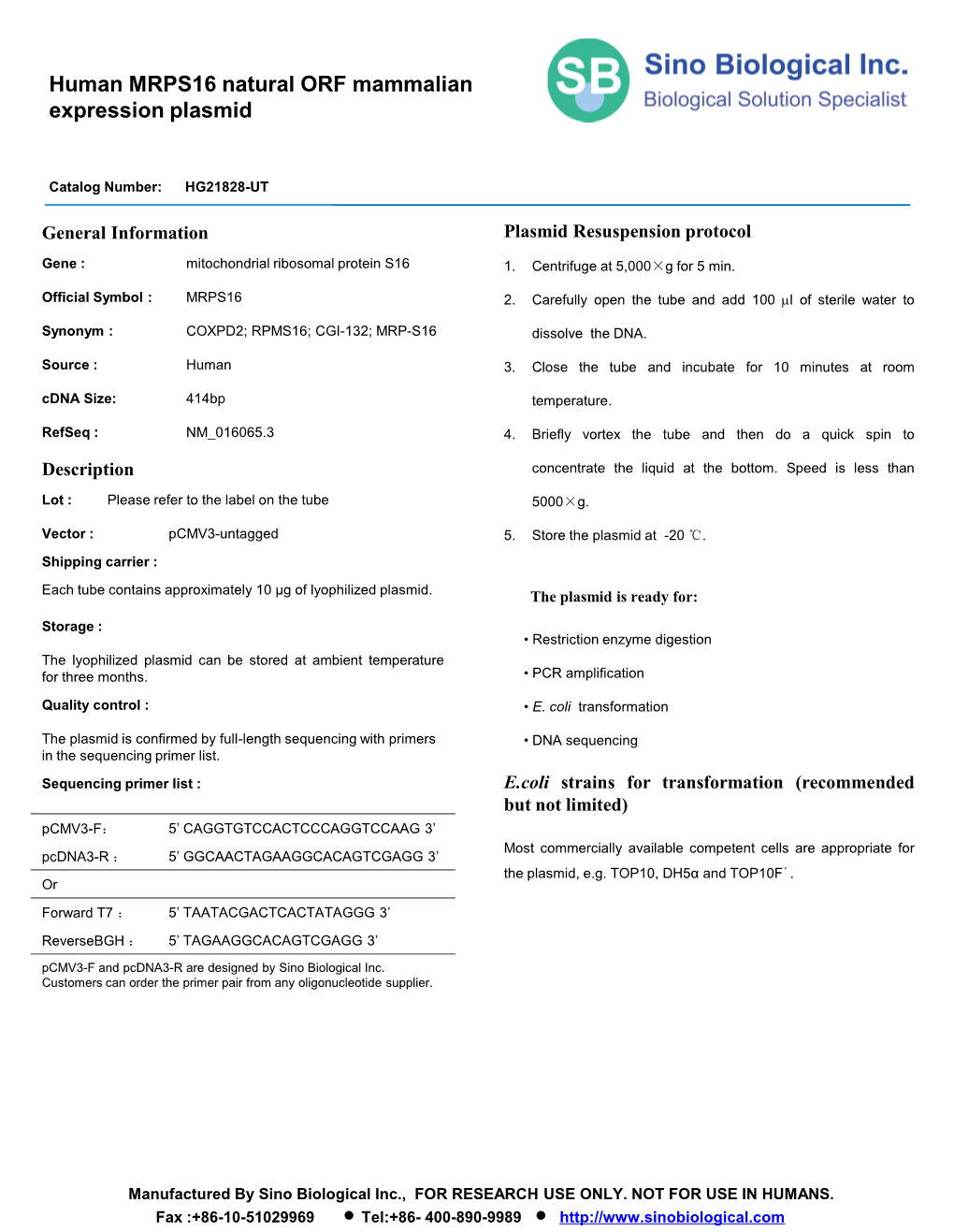 Human MRPS16 Natural ORF Mammalian Expression Plasmid