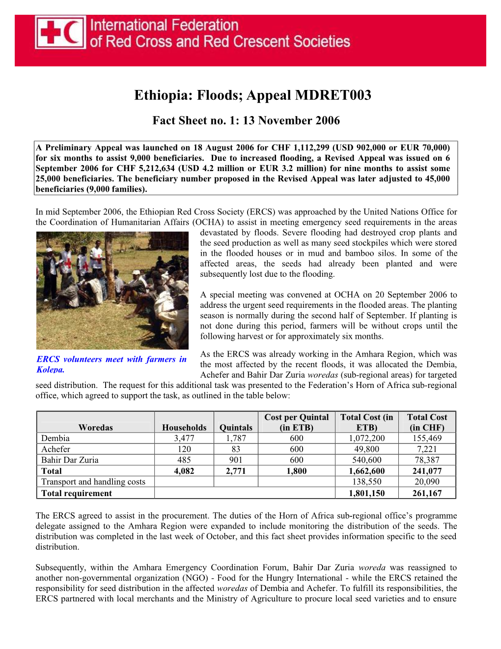 Floods; Appeal MDRET003 Fact Sheet No