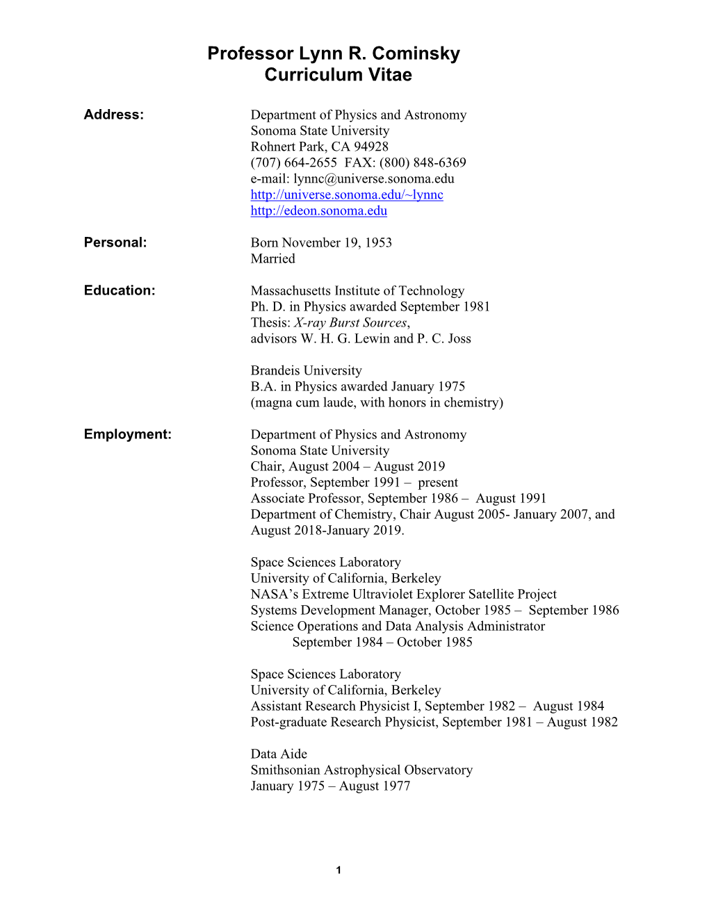 Professor Lynn R. Cominsky Curriculum Vitae