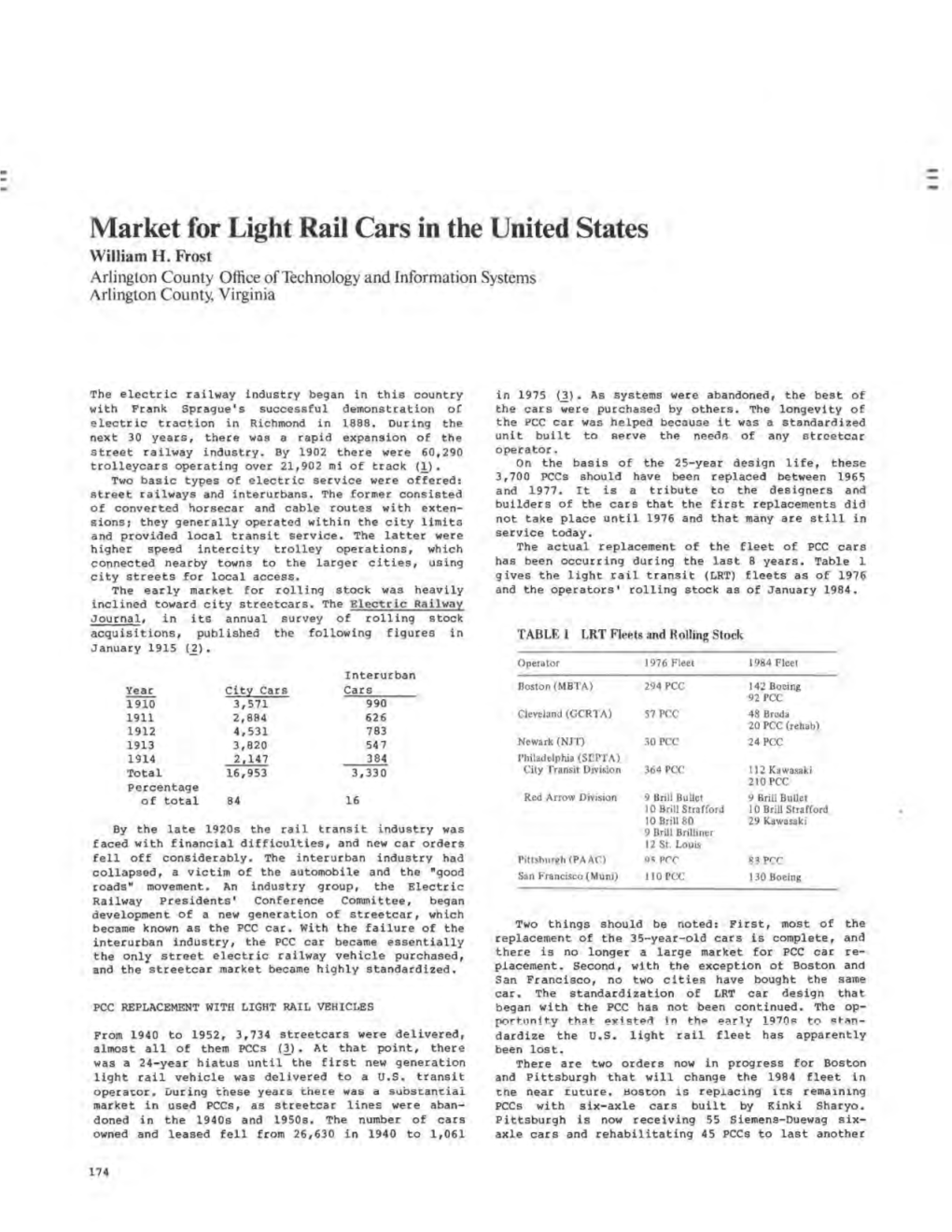 Market for Light Rail Cars in the United States William H